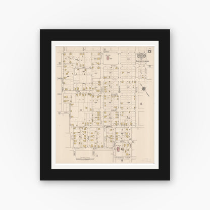 Old map wall art mockup — black gallery frame with white mat — Sanborn Fire Insurance Map from Yoakum, De Witt And Lavaca Counties, Texas (1922), Sheet #0013