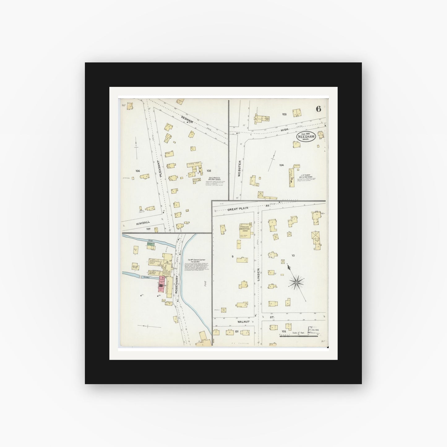 Old map wall art mockup — black gallery frame with white mat — Sanborn Fire Insurance Map from Needham, Norfolk County, Massachusetts (1906), Sheet #0006