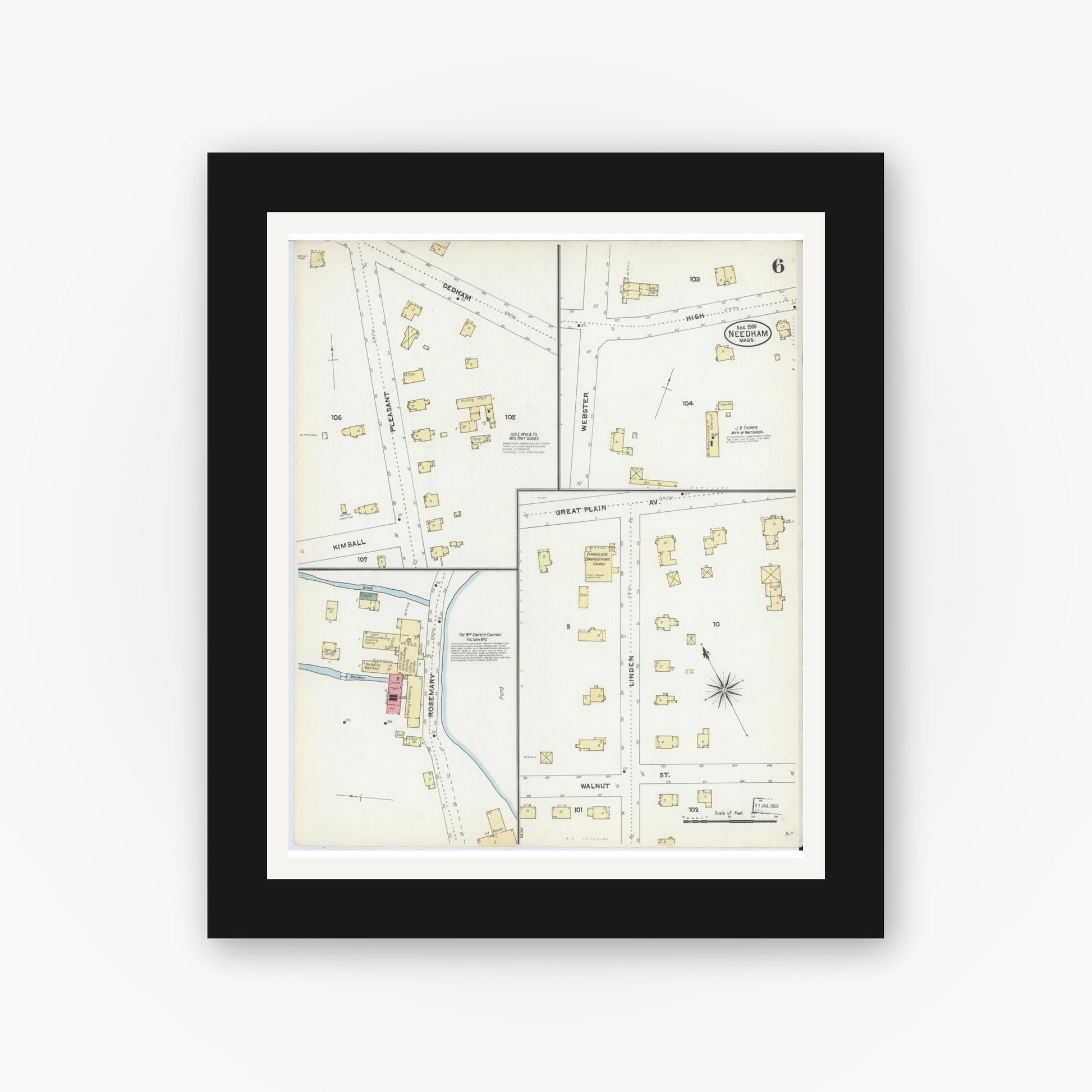 Old map wall art mockup — black gallery frame with white mat — Sanborn Fire Insurance Map from Needham, Norfolk County, Massachusetts (1906), Sheet #0006