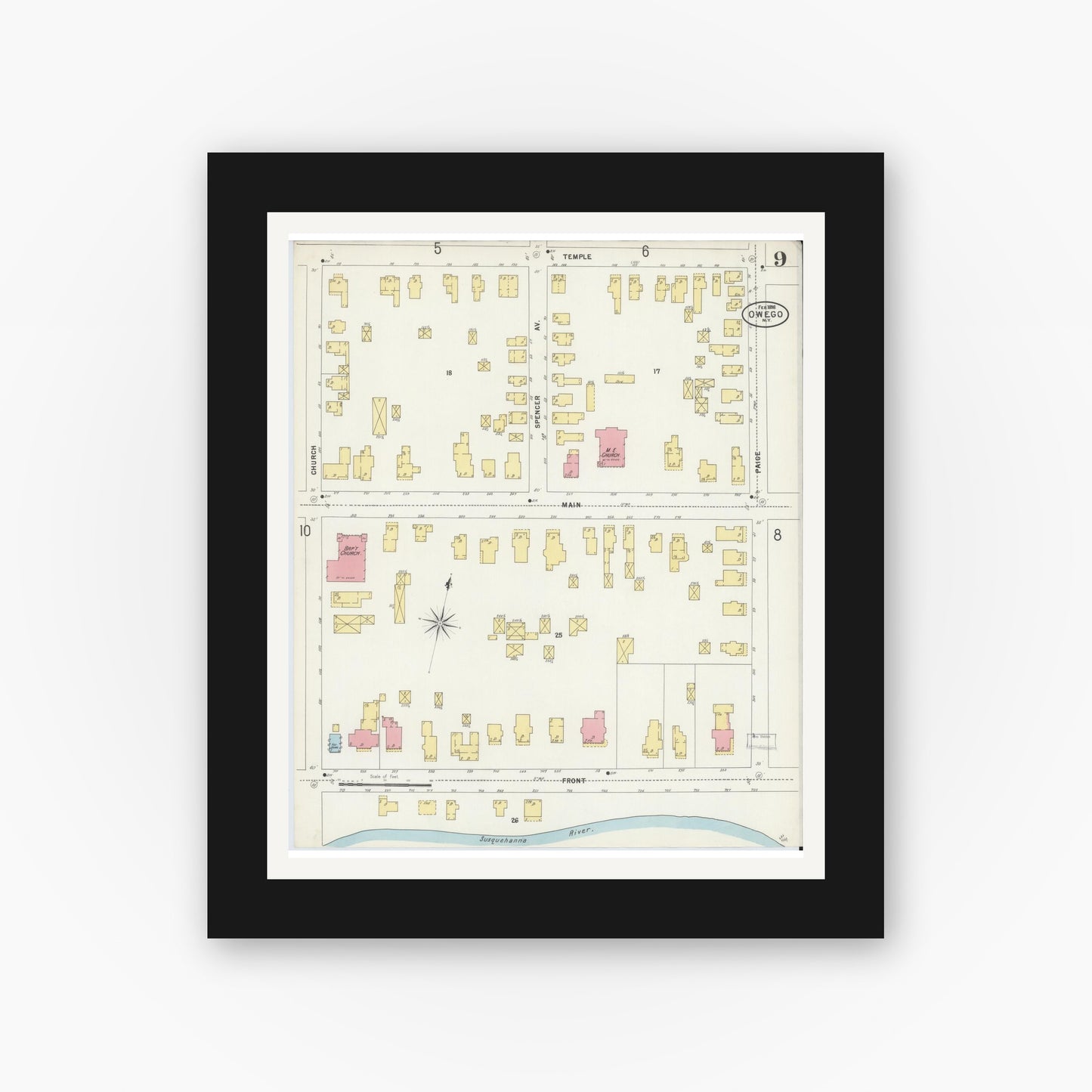 Old map wall art mockup — black gallery frame with white mat — Sanborn Fire Insurance Map from Owego, Tioga County, New York (1898), Sheet #0009