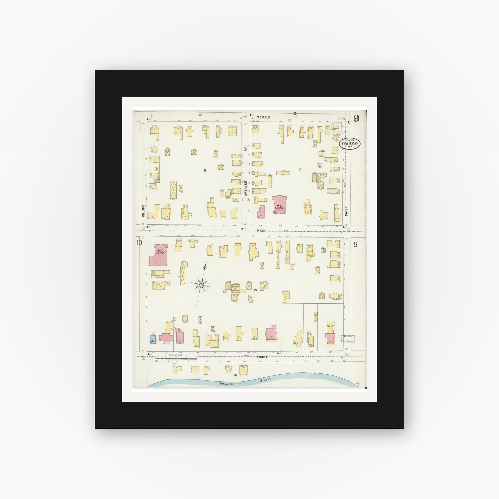 Old map wall art mockup — black gallery frame with white mat — Sanborn Fire Insurance Map from Owego, Tioga County, New York (1898), Sheet #0009