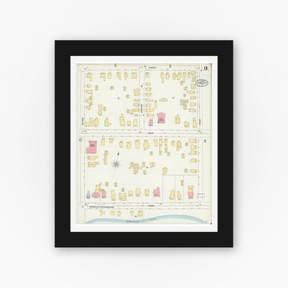 Old map wall art mockup — black gallery frame with white mat — Sanborn Fire Insurance Map from Owego, Tioga County, New York (1898), Sheet #0009