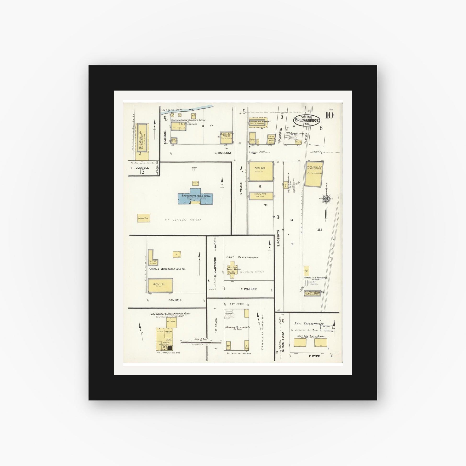 Old map wall art mockup — black gallery frame with white mat — Sanborn Fire Insurance Map from Breckenridge, Stephens County, Texas (1921), Sheet #0010
