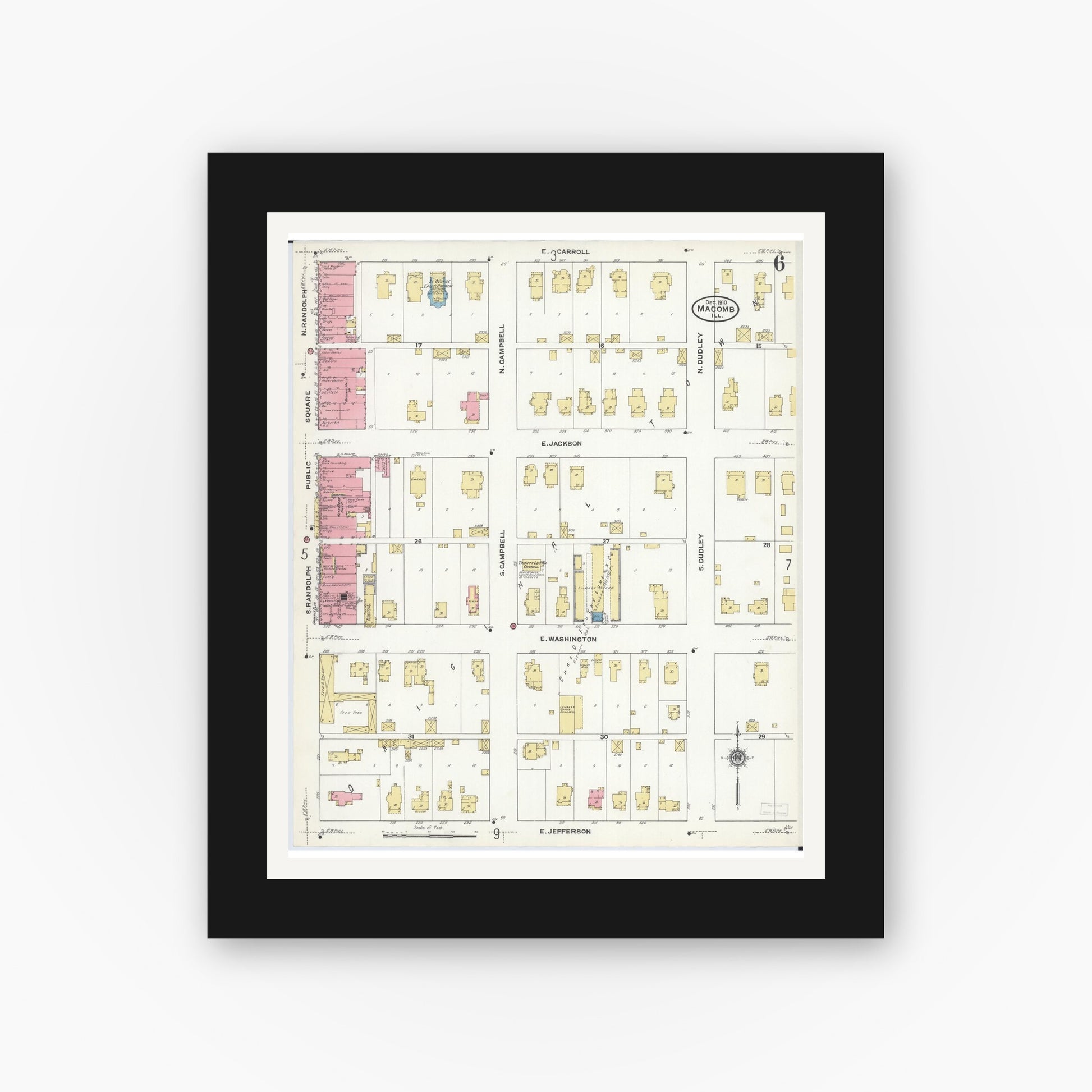 Old map wall art mockup — black gallery frame with white mat — Sanborn Fire Insurance Map from Macomb, Mcdonough County, Illinois (1910), Sheet #0006