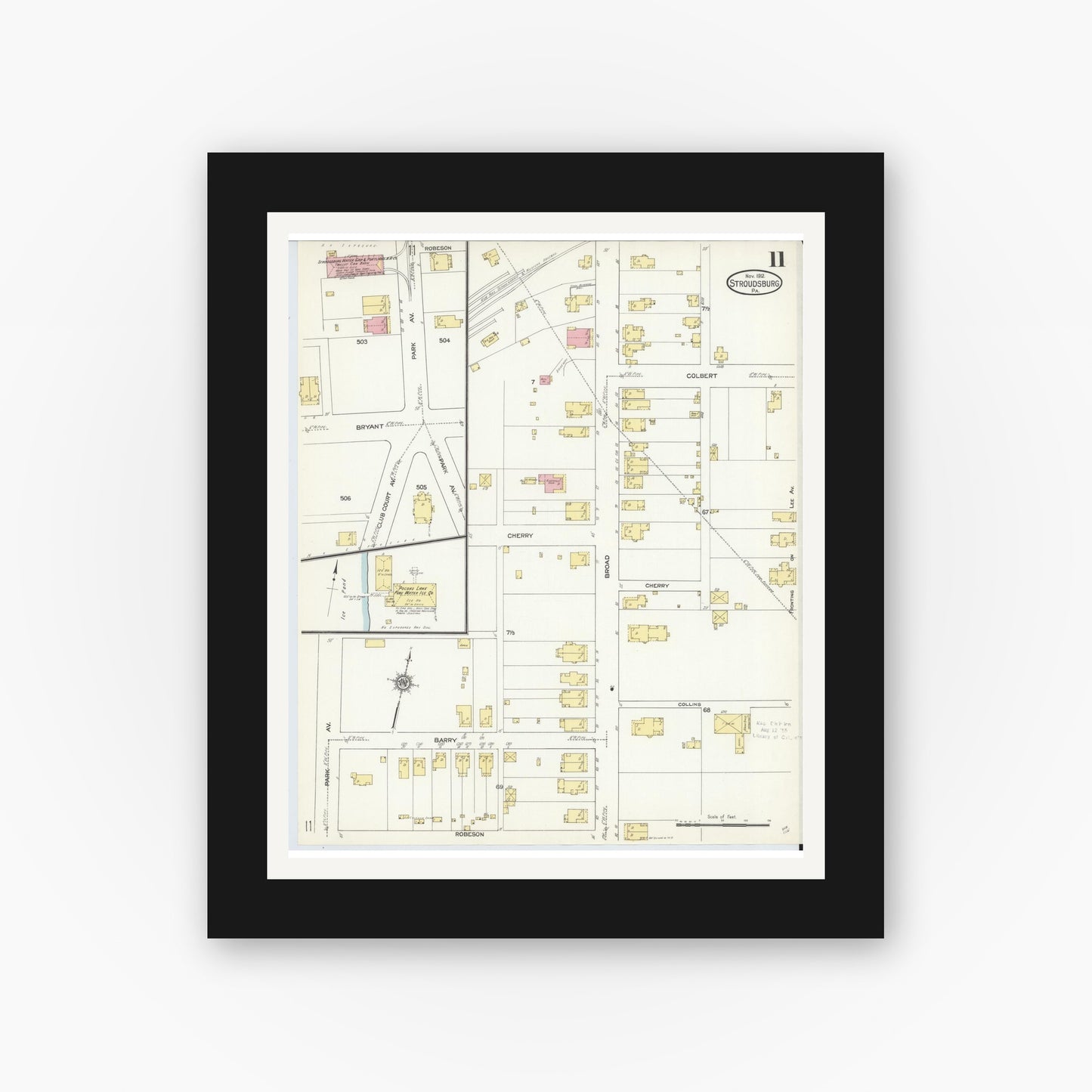 Old map wall art mockup — black gallery frame with white mat — Sanborn Fire Insurance Map from Stroudsburg, Monroe County, Pennsylvania (1912), Sheet #0011