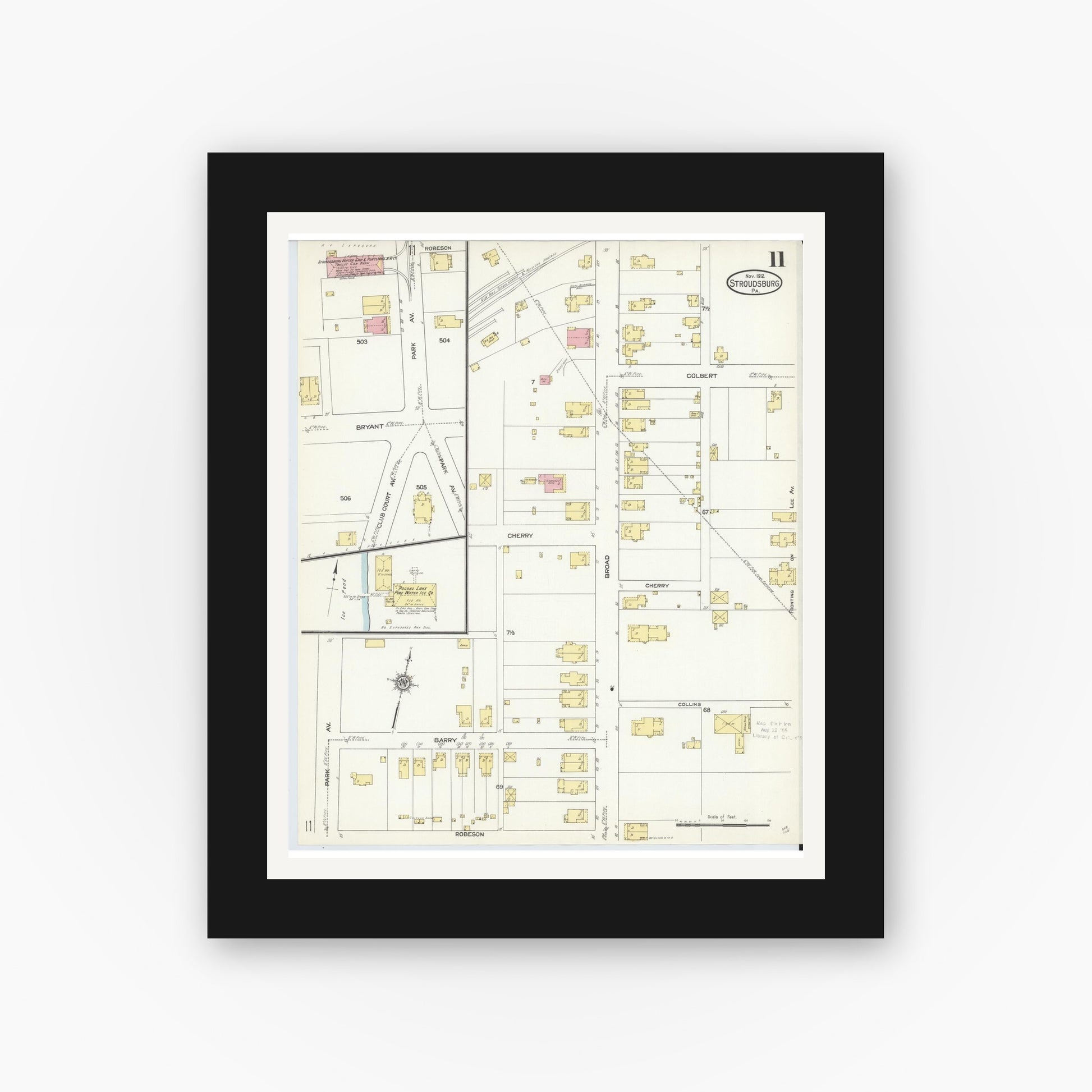 Old map wall art mockup — black gallery frame with white mat — Sanborn Fire Insurance Map from Stroudsburg, Monroe County, Pennsylvania (1912), Sheet #0011