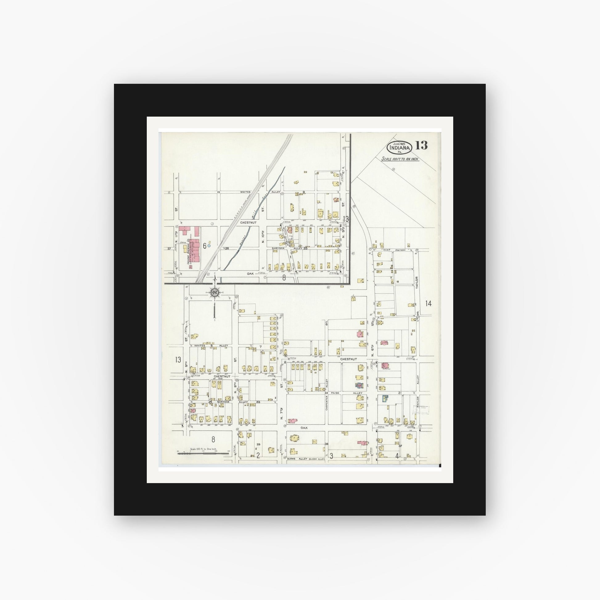 Old map wall art mockup — black gallery frame with white mat — Sanborn Fire Insurance Map from Indiana, Indiana County, Pennsylvania (1916), Sheet #0013