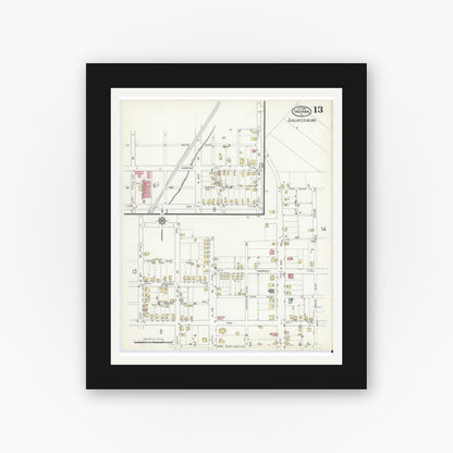 Old map wall art mockup — black gallery frame with white mat — Sanborn Fire Insurance Map from Indiana, Indiana County, Pennsylvania (1916), Sheet #0013