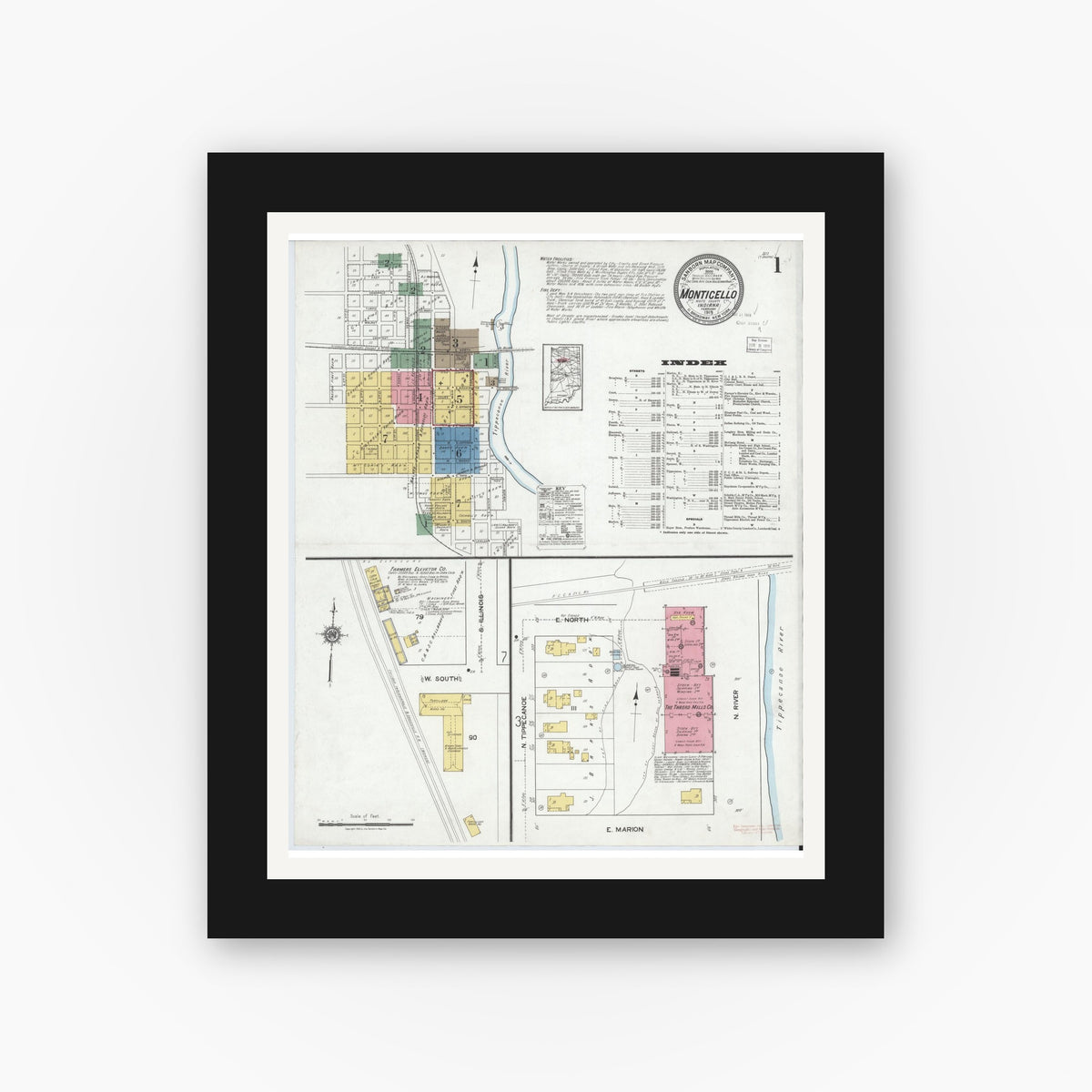 Old map wall art mockup — black gallery frame with white mat — Sanborn Fire Insurance Map from Monticello, White County, Indiana (1919), Sheet #0001