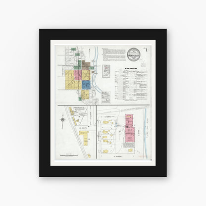 Old map wall art mockup — black gallery frame with white mat — Sanborn Fire Insurance Map from Monticello, White County, Indiana (1919), Sheet #0001