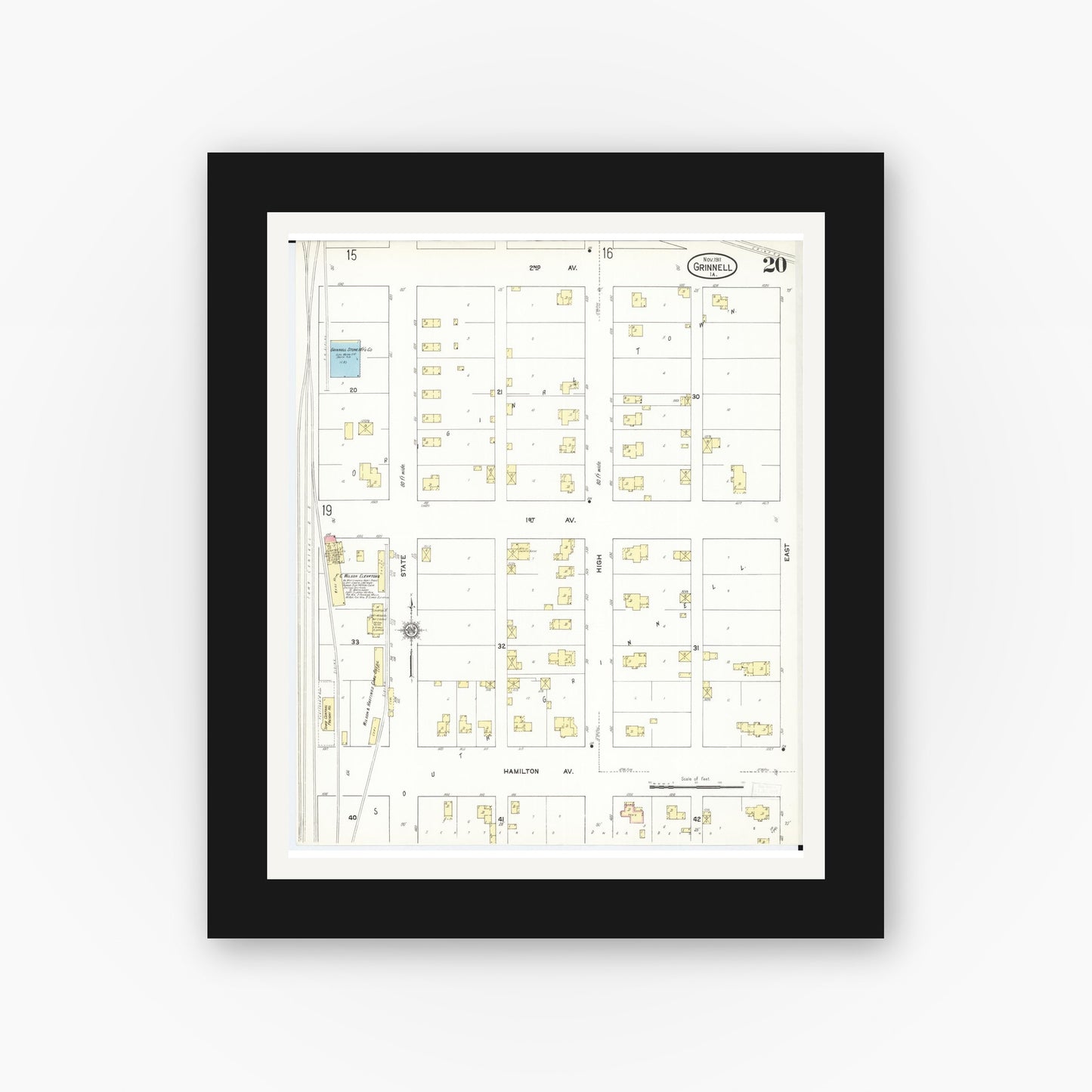 Old map wall art mockup — black gallery frame with white mat — Sanborn Fire Insurance Map from Grinnell, Poweshiek County, Iowa (1911), Sheet #0020
