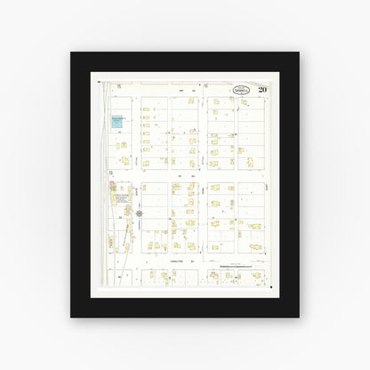 Old map wall art mockup — black gallery frame with white mat — Sanborn Fire Insurance Map from Grinnell, Poweshiek County, Iowa (1911), Sheet #0020
