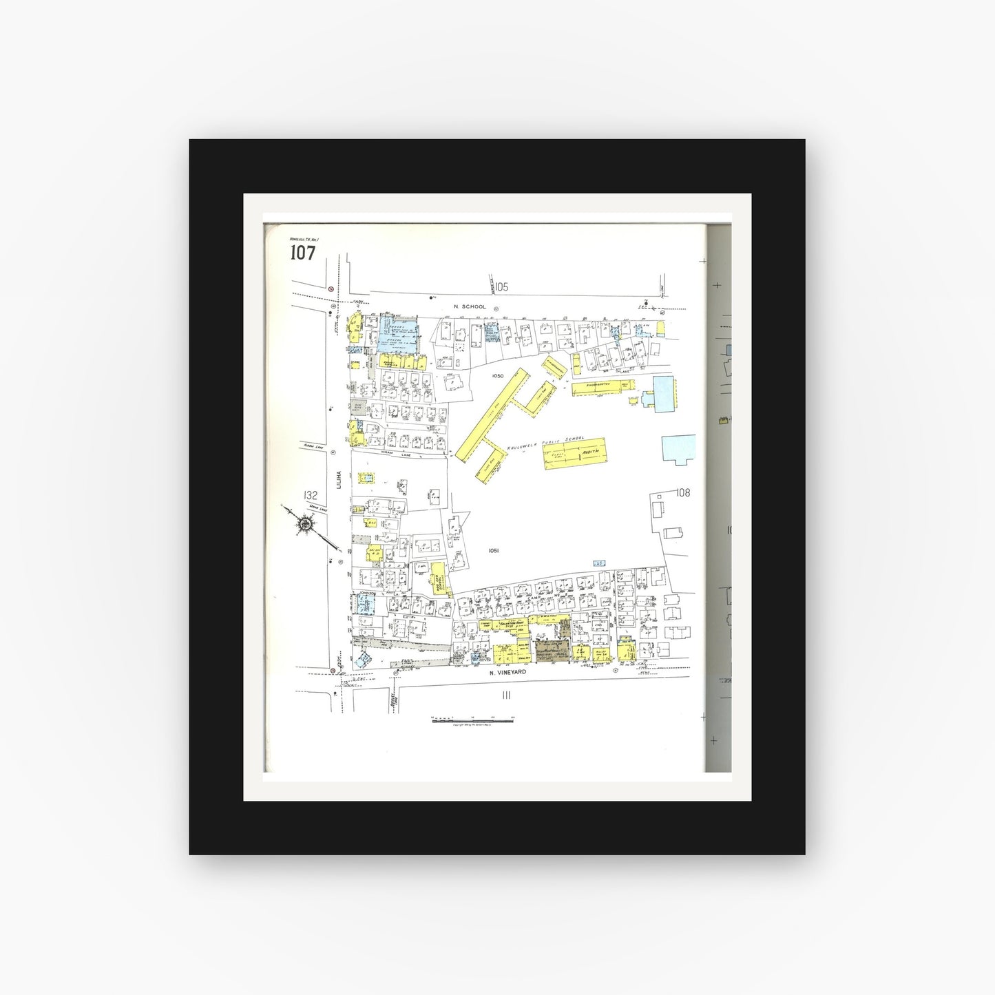 Old map wall art mockup — black gallery frame with white mat — Sanborn Fire Insurance Map from Honolulu, Oahu County, Hawaii (1955), Sheet #0107