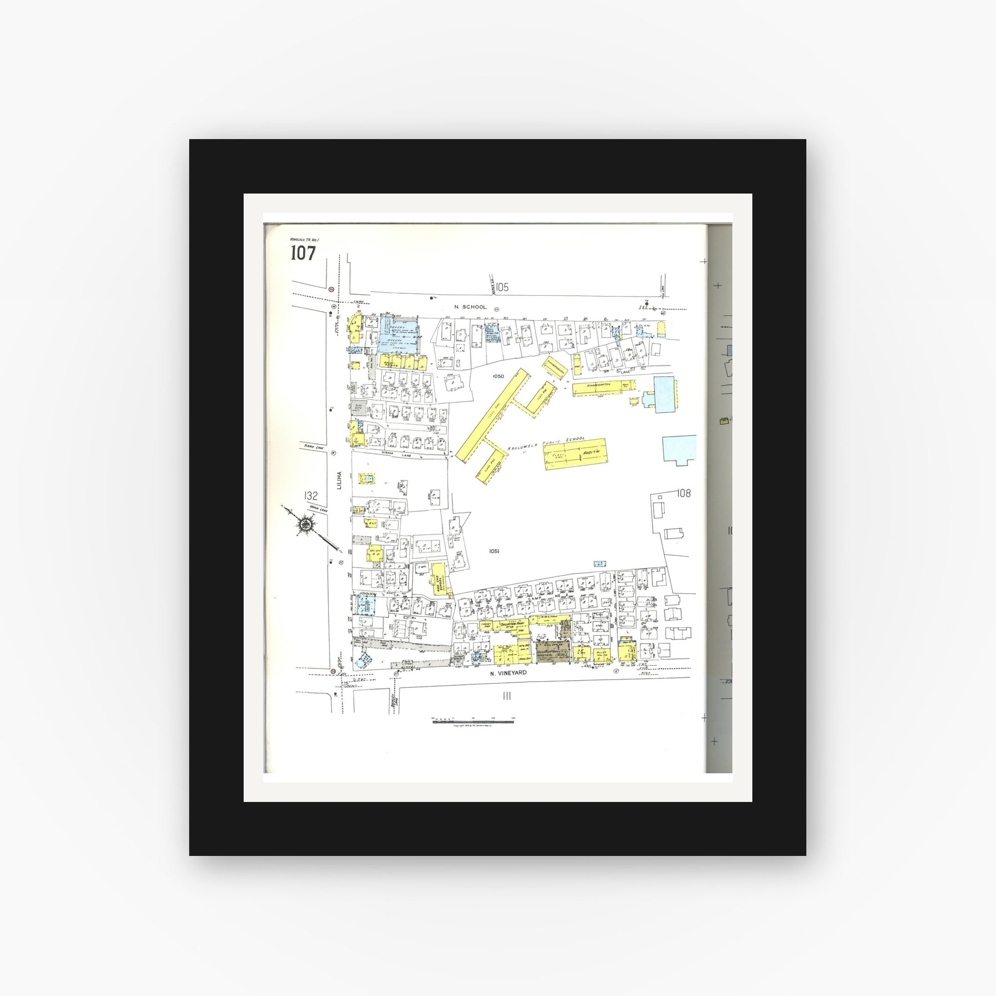 Old map wall art mockup — black gallery frame with white mat — Sanborn Fire Insurance Map from Honolulu, Oahu County, Hawaii (1955), Sheet #0107