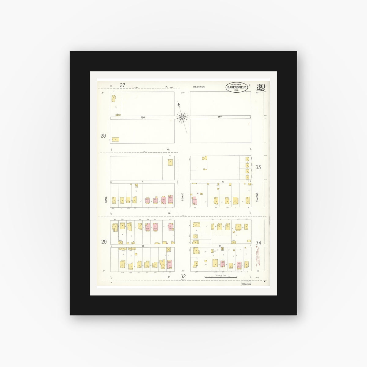 Old map wall art mockup — black gallery frame with white mat — Sanborn Fire Insurance Map from Bakersfield, Kern County, California (1905), Sheet #0030