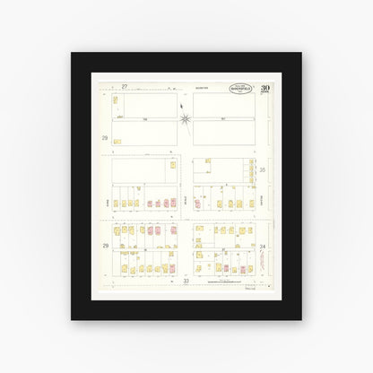 Old map wall art mockup — black gallery frame with white mat — Sanborn Fire Insurance Map from Bakersfield, Kern County, California (1905), Sheet #0030