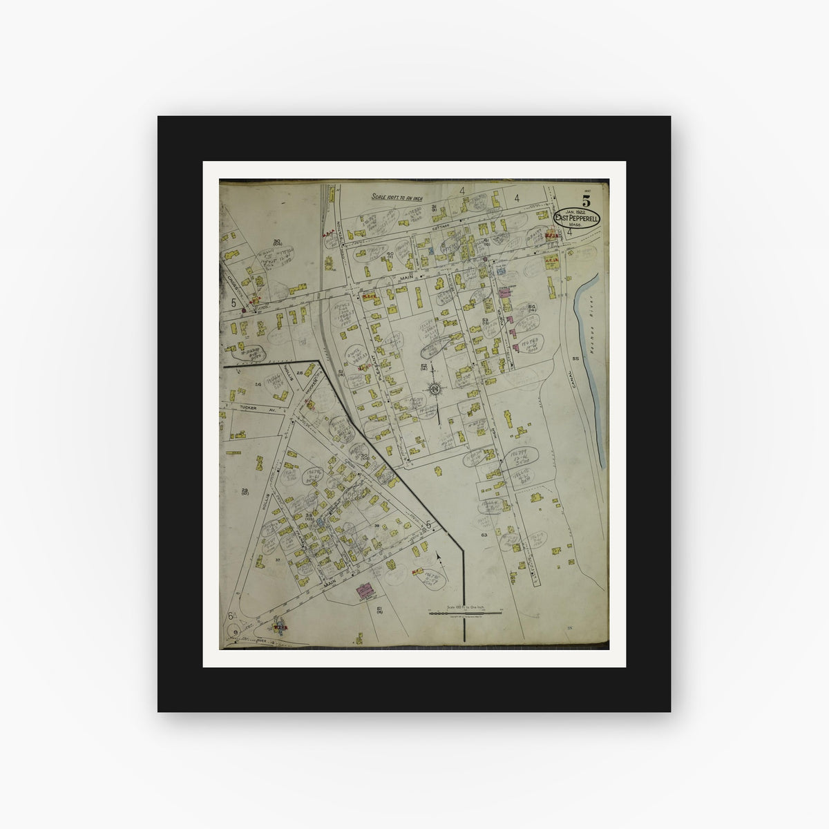 Old map wall art mockup — black gallery frame with white mat — Sanborn Fire Insurance Map from East Pepperell, Middlesex County, Massachusetts (1953), Sheet #0005