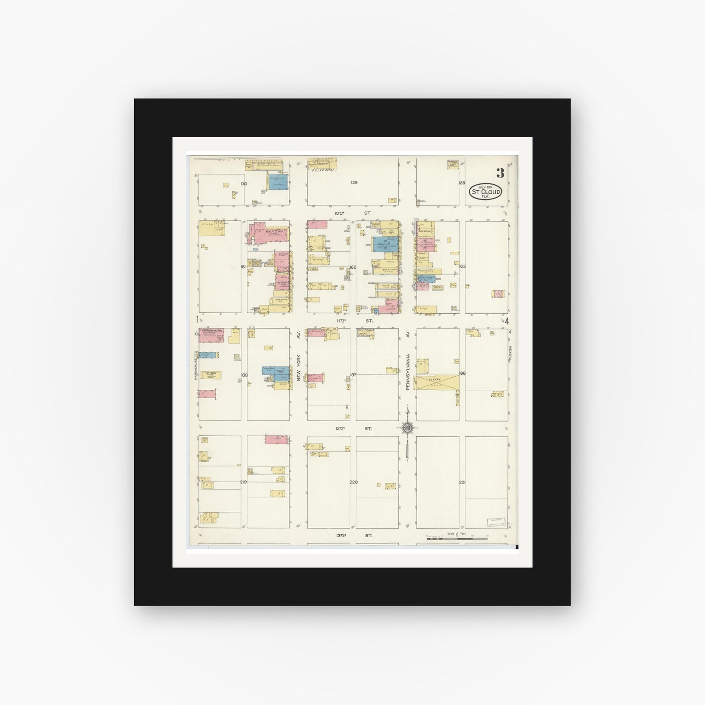 Old map wall art mockup — black gallery frame with white mat — Sanborn Fire Insurance Map from Saint Cloud, Osceola County, Florida (1915), Sheet #0003