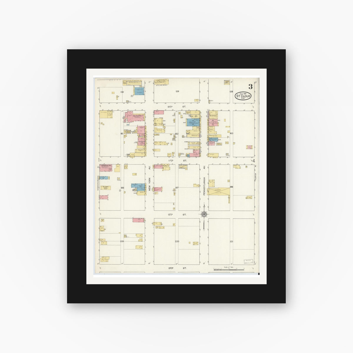 Old map wall art mockup — black gallery frame with white mat — Sanborn Fire Insurance Map from Saint Cloud, Osceola County, Florida (1915), Sheet #0003