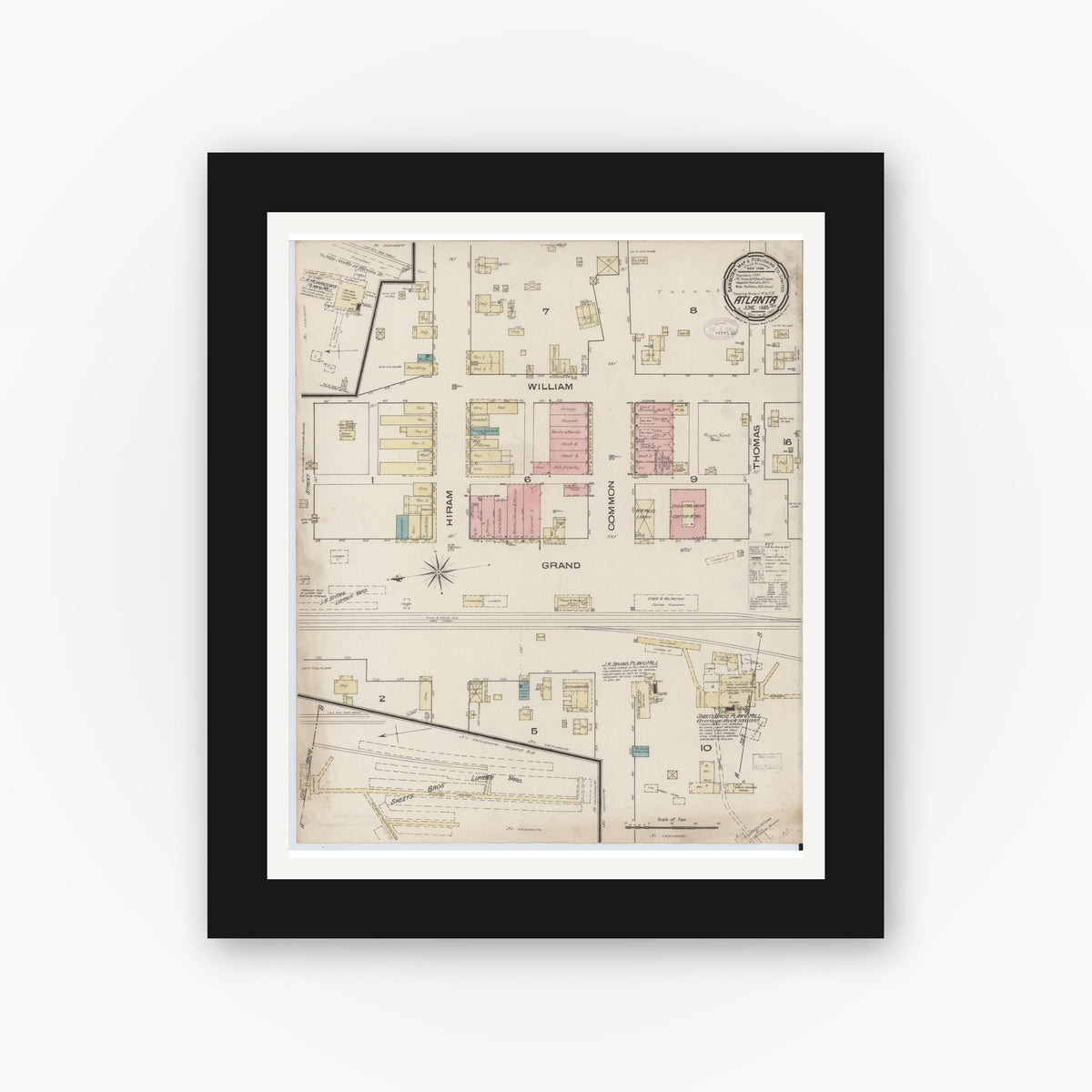 Old map wall art mockup — black gallery frame with white mat — Sanborn Fire Insurance Map from Atlanta, Cass County, Texas (1885), Sheet #0001