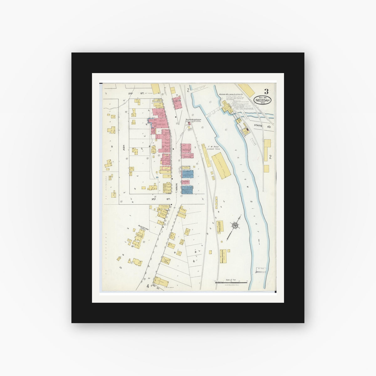 Old map wall art mockup — black gallery frame with white mat — Sanborn Fire Insurance Map from Necedah, Juneau County, Wisconsin (1916), Sheet #0003