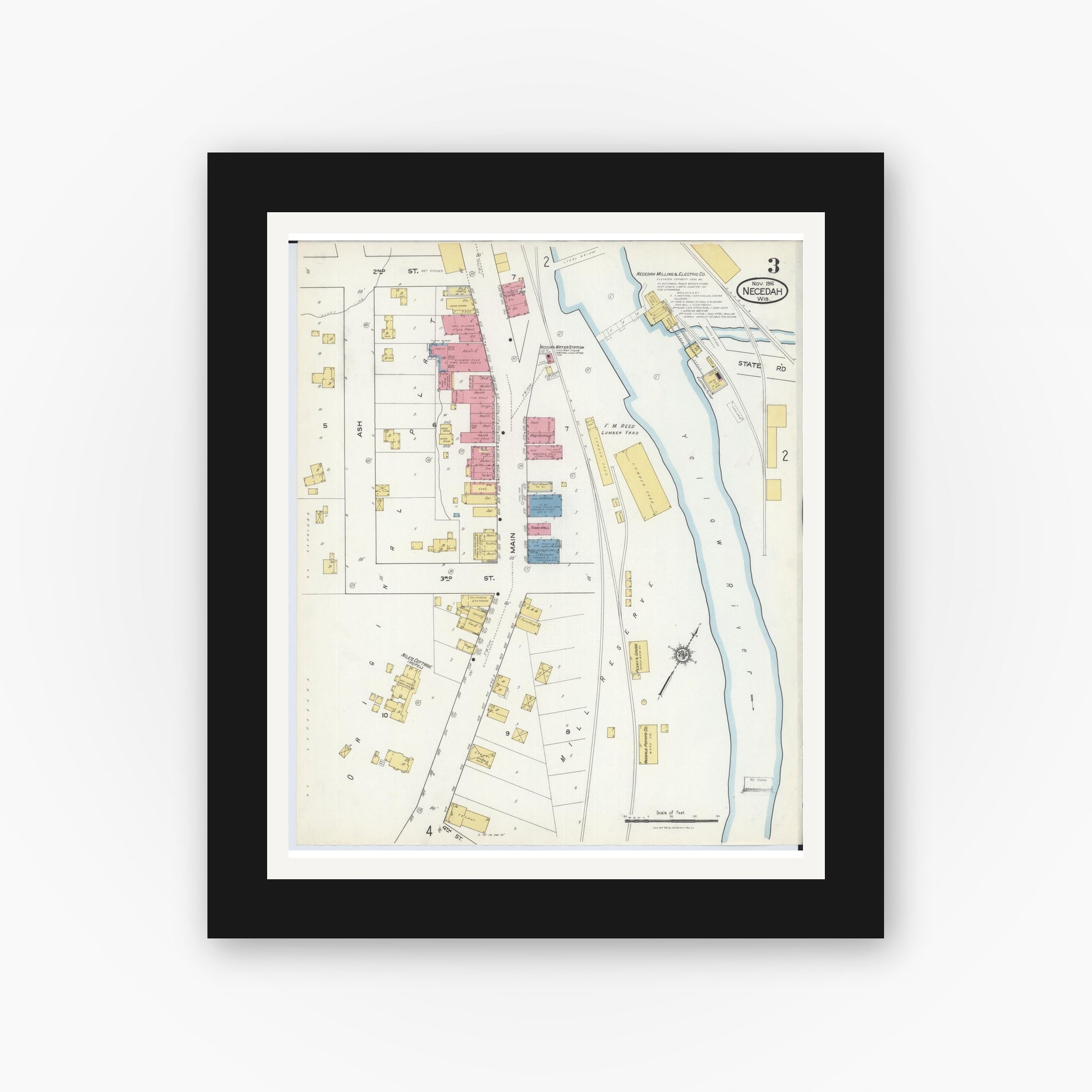 Old map wall art mockup — black gallery frame with white mat — Sanborn Fire Insurance Map from Necedah, Juneau County, Wisconsin (1916), Sheet #0003