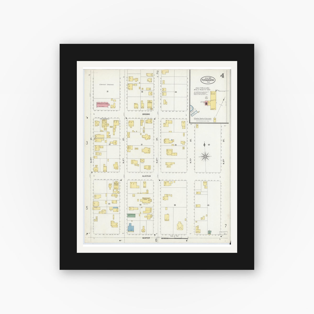 Old map wall art mockup — black gallery frame with white mat — Sanborn Fire Insurance Map from Fernandina, Nassau County, Florida (1903), Sheet #0004