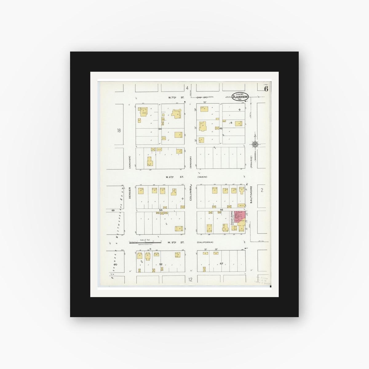 Old map wall art mockup — black gallery frame with white mat — Sanborn Fire Insurance Map from Plainview, Hale County, Texas (1921), Sheet #0006