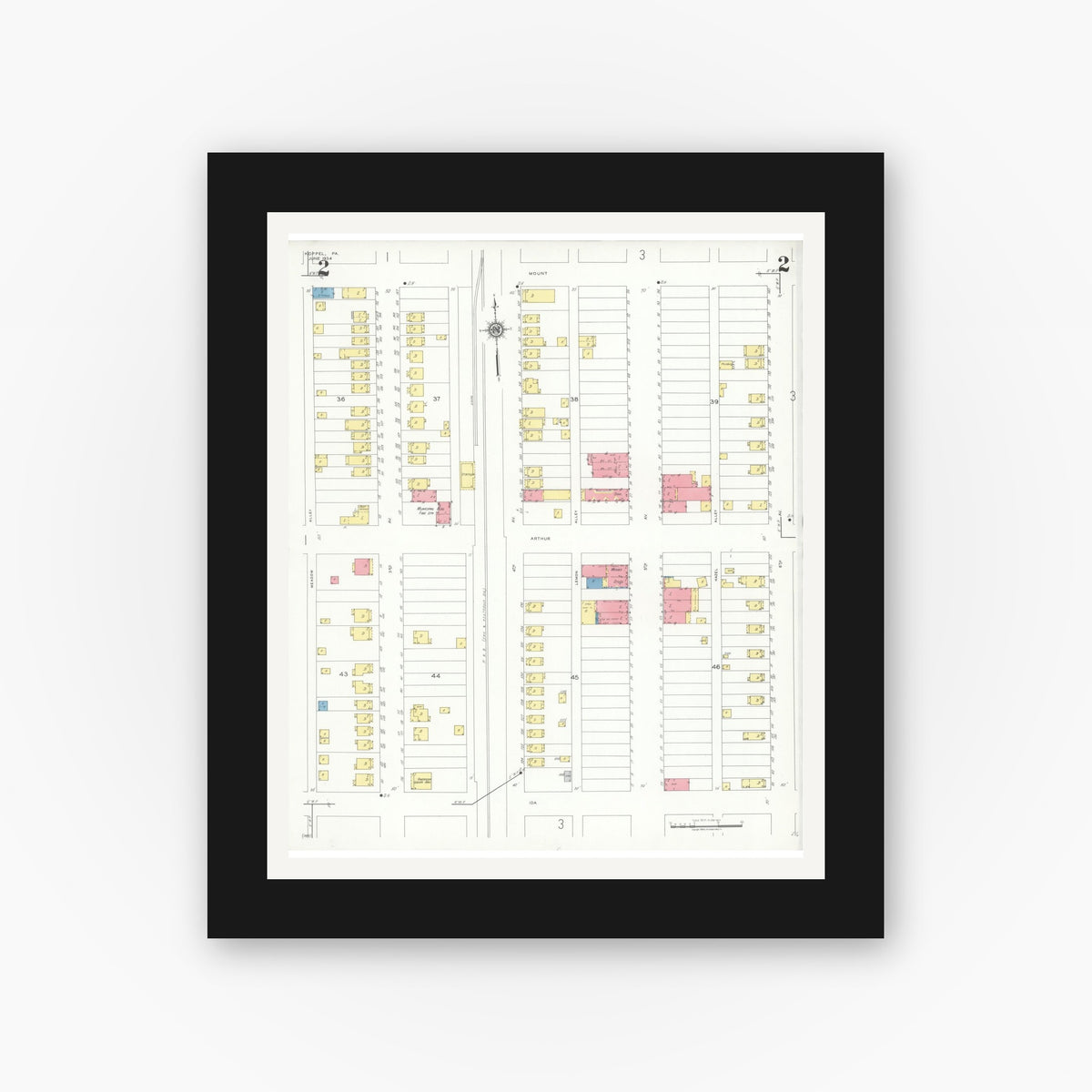 Old map wall art mockup — black gallery frame with white mat — Sanborn Fire Insurance Map from Koppel, Beaver County, Pennsylvania (1934), Sheet #0002