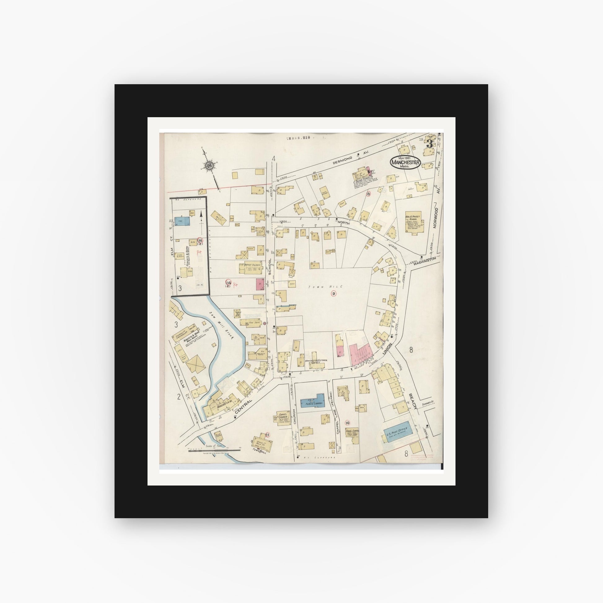 Old map wall art mockup — black gallery frame with white mat — Sanborn Fire Insurance Map from Manchester, Essex County, Massachusetts (1941), Sheet #0003