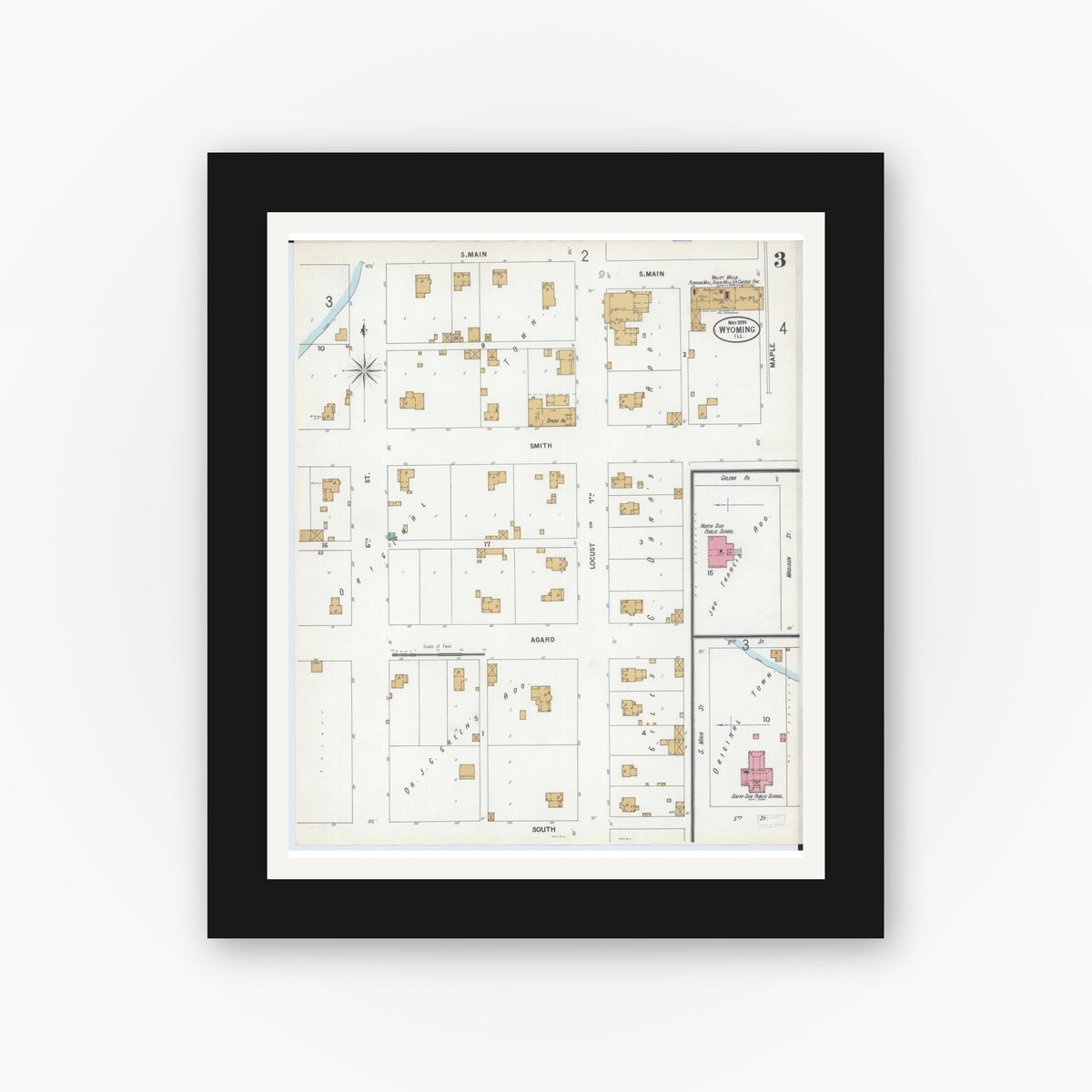 Old map wall art mockup — black gallery frame with white mat — Sanborn Fire Insurance Map from Wyoming, Stark County, Illinois (1899), Sheet #0003