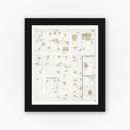 Old map wall art mockup — black gallery frame with white mat — Sanborn Fire Insurance Map from Wyoming, Stark County, Illinois (1899), Sheet #0003
