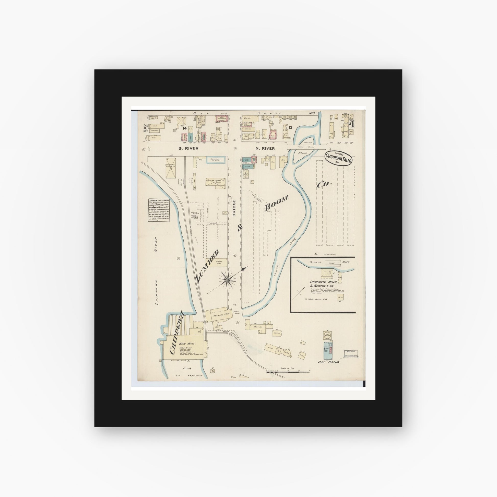 Old map wall art mockup — black gallery frame with white mat — Sanborn Fire Insurance Map from Chippewa Falls, Chippewa County, Wisconsin (1883), Sheet #0004