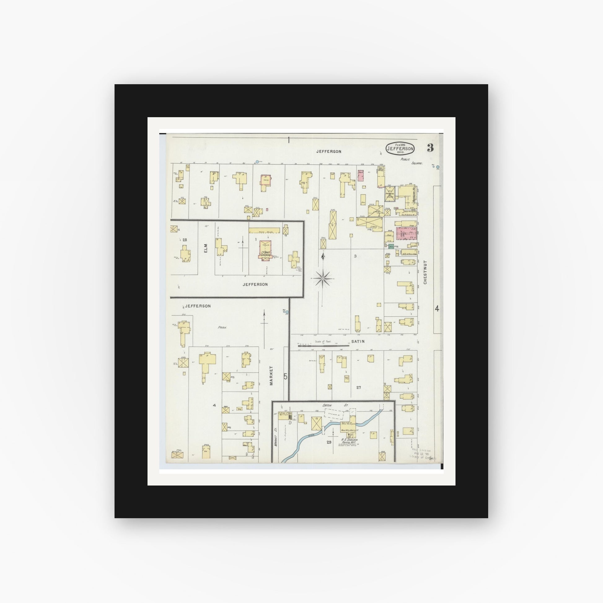 Old map wall art mockup — black gallery frame with white mat — Sanborn Fire Insurance Map from Jefferson, Ashtabula County, Ohio (1896), Sheet #0003