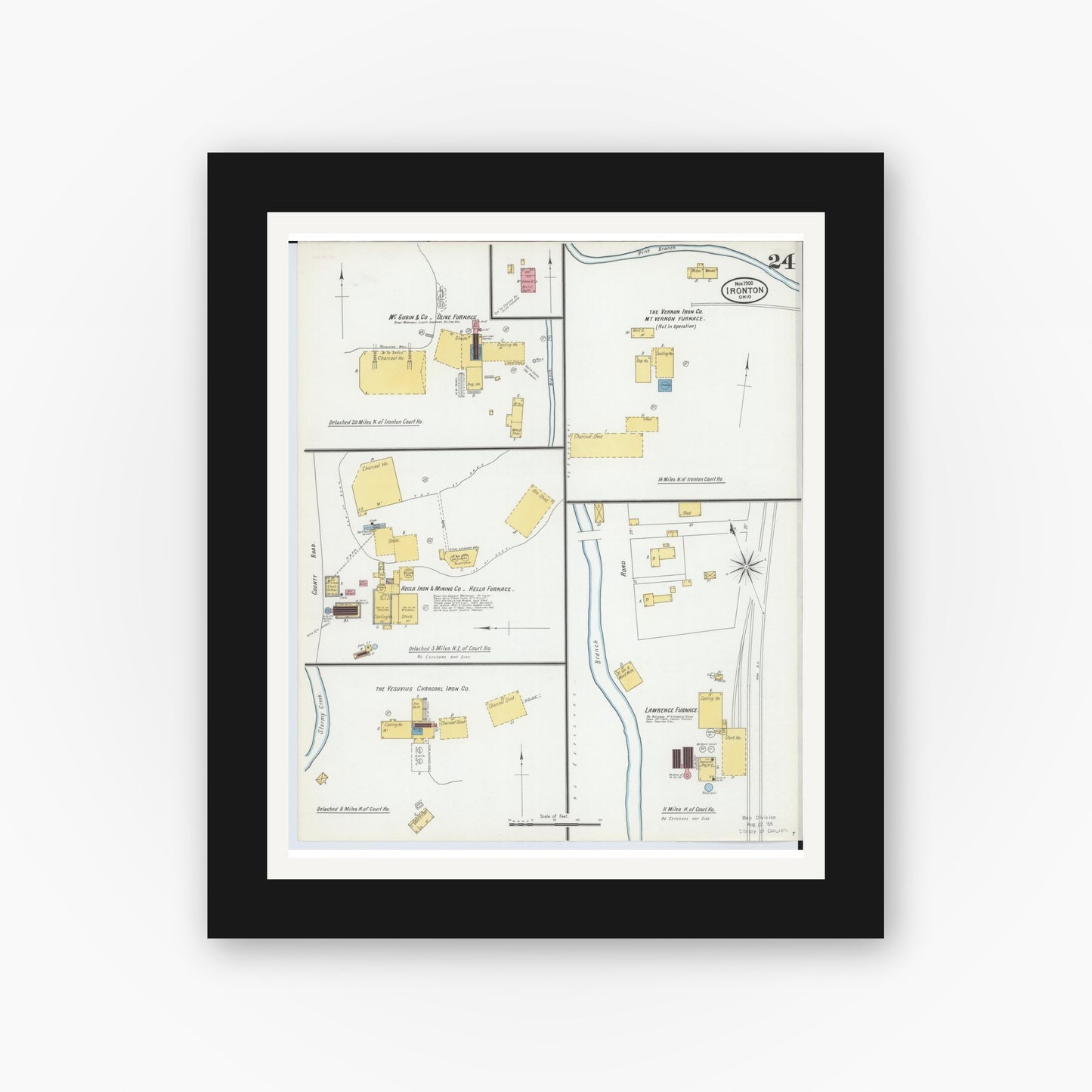 Old map wall art mockup — black gallery frame with white mat — Sanborn Fire Insurance Map from Ironton, Lawrence County, Ohio (1900), Sheet #0024