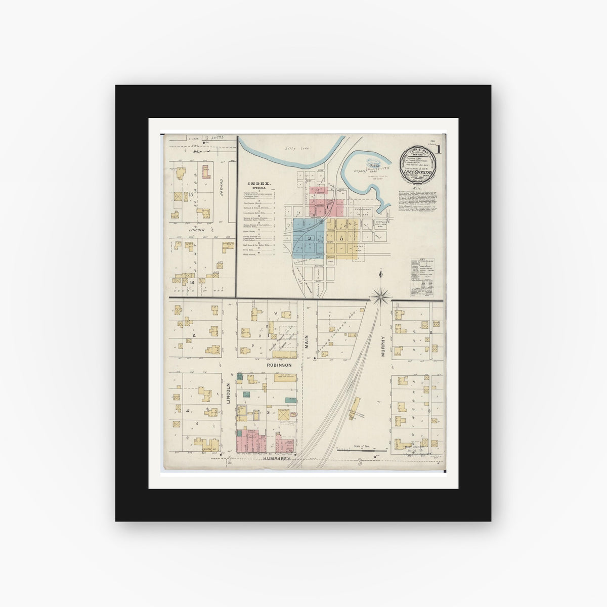 Old map wall art mockup — black gallery frame with white mat — Sanborn Fire Insurance Map from Lake Crystal, Blue Earth County, Minnesota (1894) - Complete Map Set