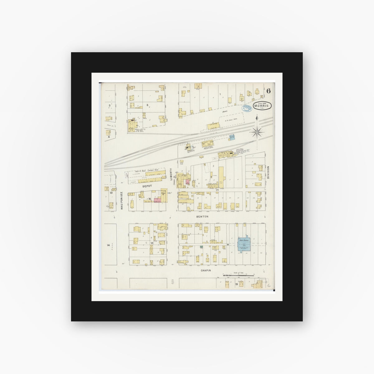 Old map wall art mockup — black gallery frame with white mat — Sanborn Fire Insurance Map from Morris, Grundy County, Illinois (1894), Sheet #0006