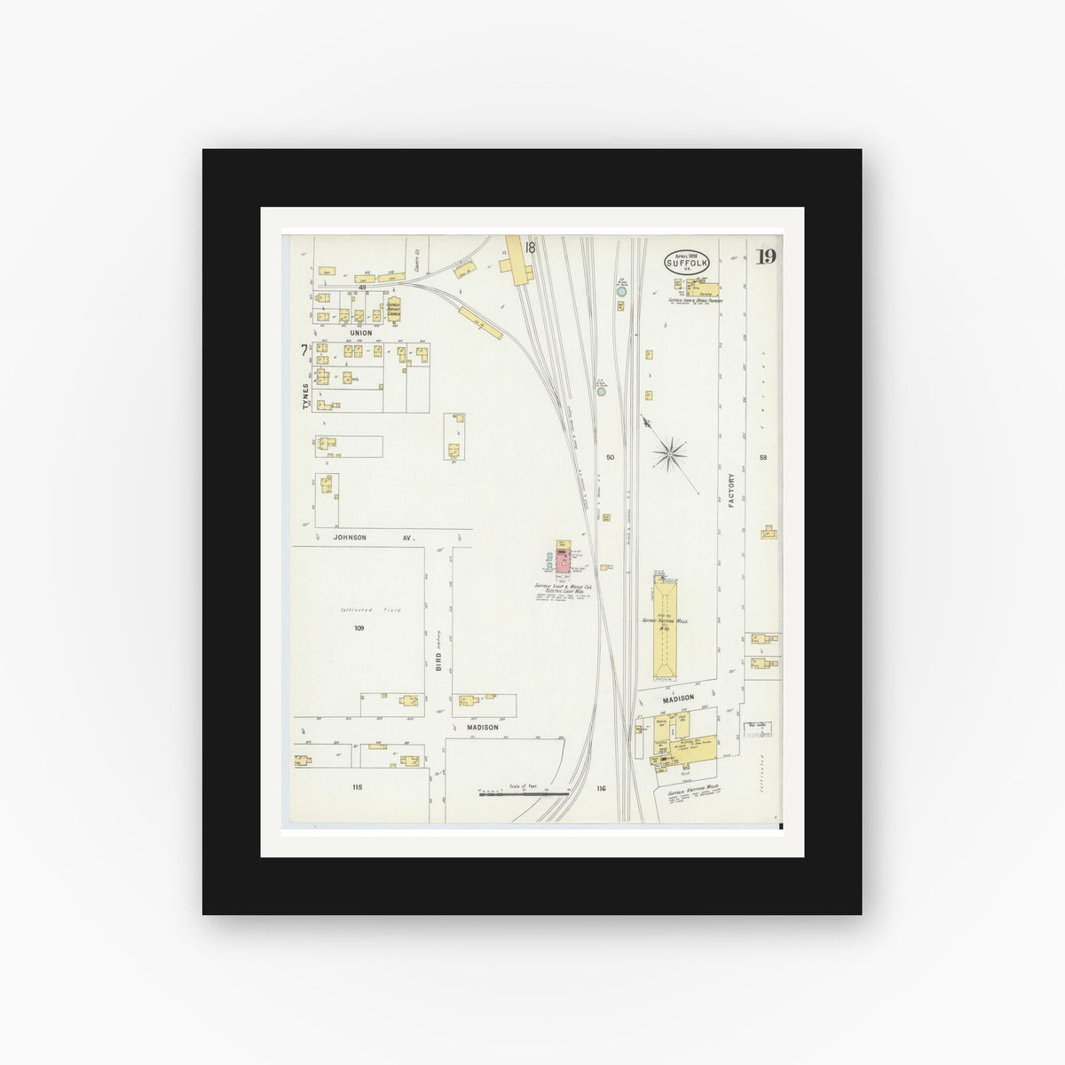 Old map wall art mockup — black gallery frame with white mat — Sanborn Fire Insurance Map from Suffolk, Independent Cities, Virginia (1898), Sheet #0019