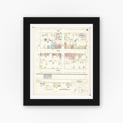 Old map wall art mockup — black gallery frame with white mat — Sanborn Fire Insurance Map from Osage, Mitchell County, Iowa (1883), Sheet #0002