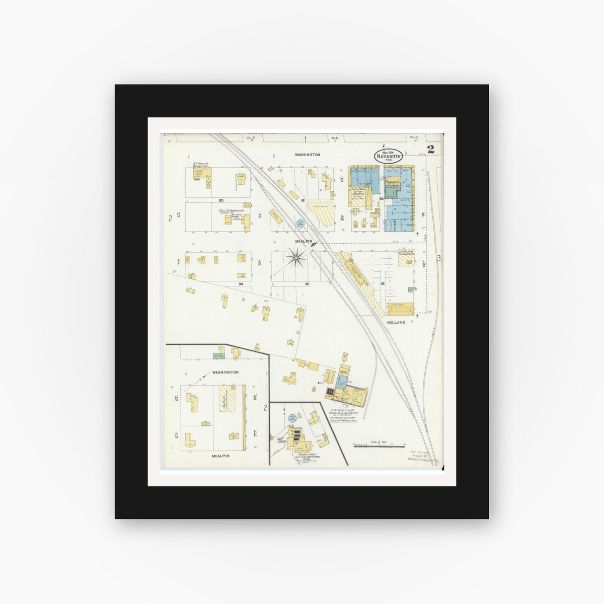 Old map wall art mockup — black gallery frame with white mat — Sanborn Fire Insurance Map from Navasota, Grimes County, Texas (1906), Sheet #0002