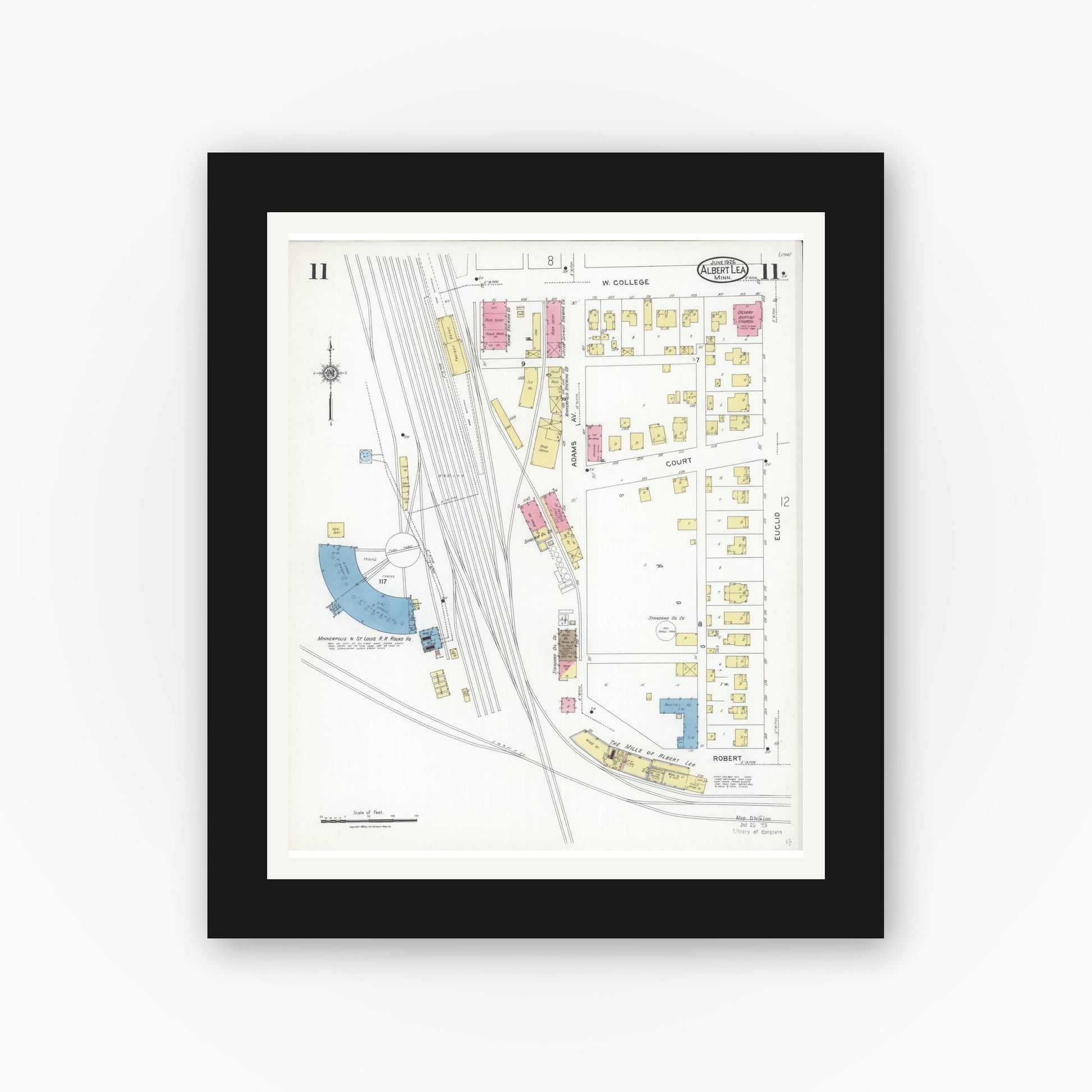 Old map wall art mockup — black gallery frame with white mat — Sanborn Fire Insurance Map from Albert Lea, Freeborn County, Minnesota (1926), Sheet #0011
