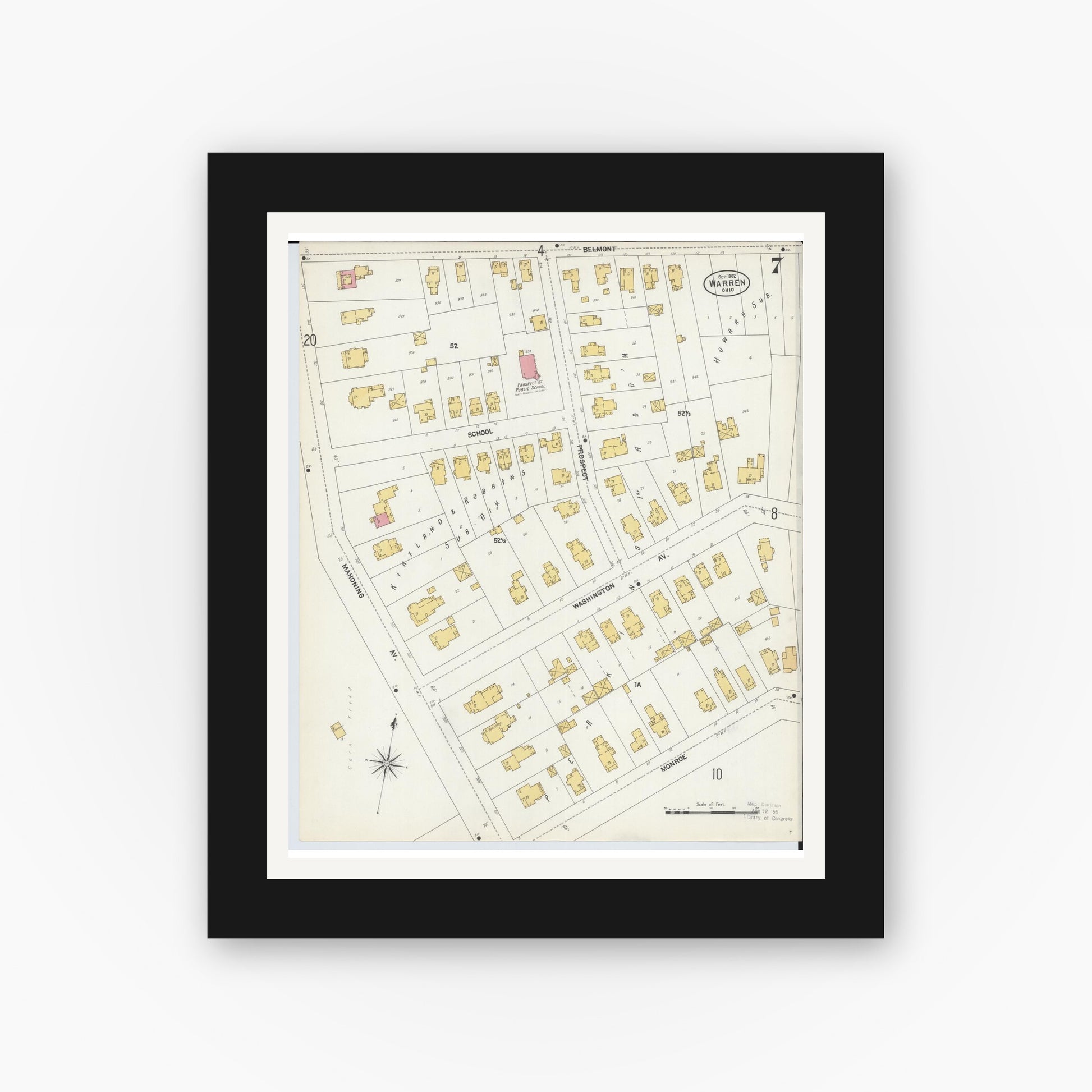 Old map wall art mockup — black gallery frame with white mat — Sanborn Fire Insurance Map from Warren, Trumbull County, Ohio (1902), Sheet #0007
