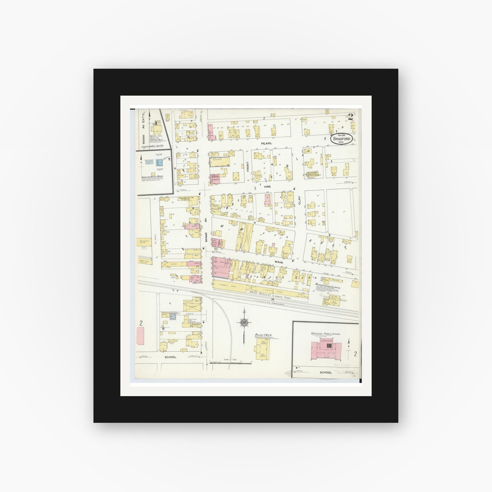 Old map wall art mockup — black gallery frame with white mat — Sanborn Fire Insurance Map from Bradford, Darke and Miami Counties, Ohio (1910), Sheet #0002