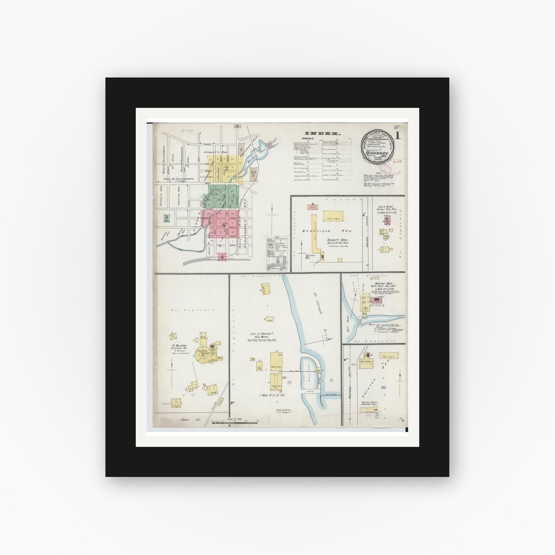 Old map wall art mockup — black gallery frame with white mat — Sanborn Fire Insurance Map from Buchanan, Berrien County, Michigan (1895), Sheet #0001