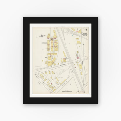 Old map wall art mockup — black gallery frame with white mat — Sanborn Fire Insurance Map from Owego, Tioga County, New York (1915), Sheet #0008
