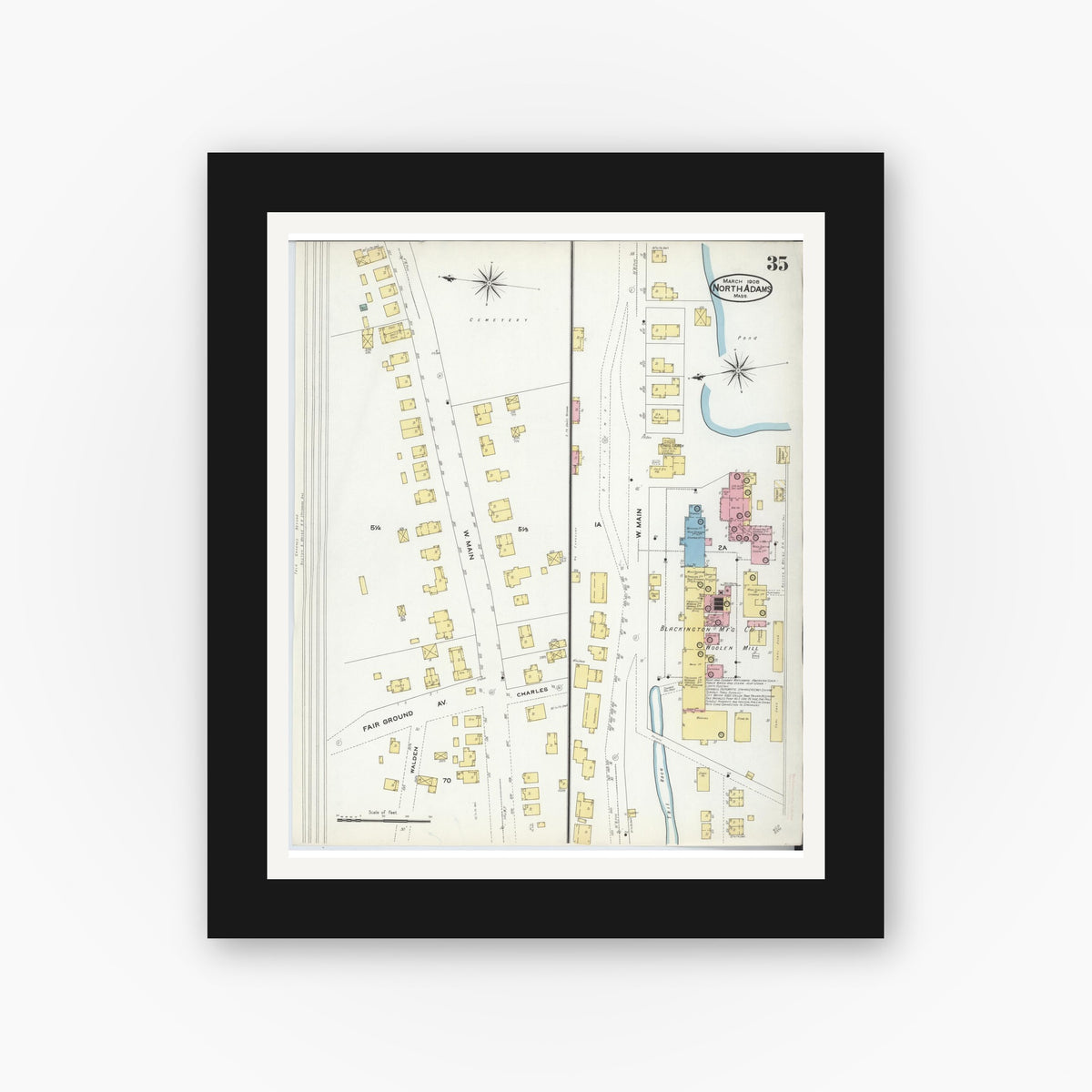 Old map wall art mockup — black gallery frame with white mat — Sanborn Fire Insurance Map from North Adams, Berkshire County, Massachusetts (1908), Sheet #0035
