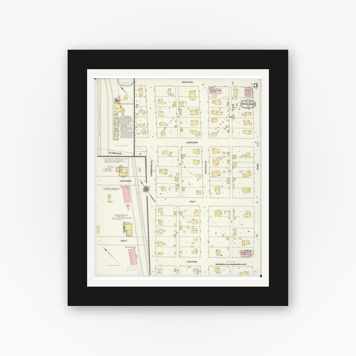 Old map wall art mockup — black gallery frame with white mat — Sanborn Fire Insurance Map from Windsor, Henry County, Missouri (1909), Sheet #0003