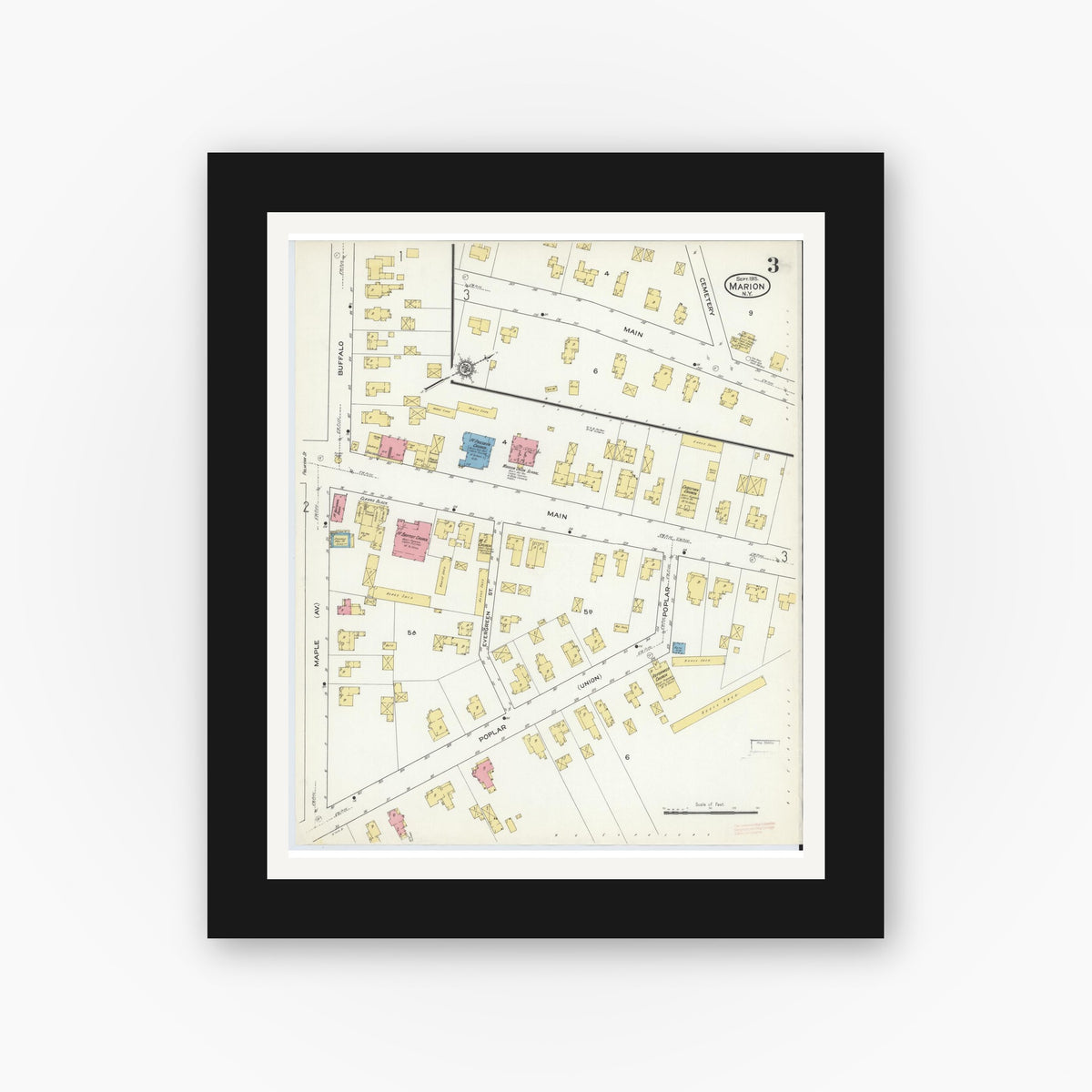 Old map wall art mockup — black gallery frame with white mat — Sanborn Fire Insurance Map from Marion, Wayne County, New York (1915), Sheet #0003