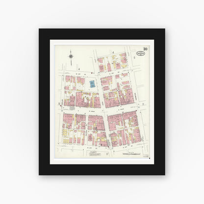 Old map wall art mockup — black gallery frame with white mat — Sanborn Fire Insurance Map from Madison, Jefferson County, Indiana (1911), Sheet #0010