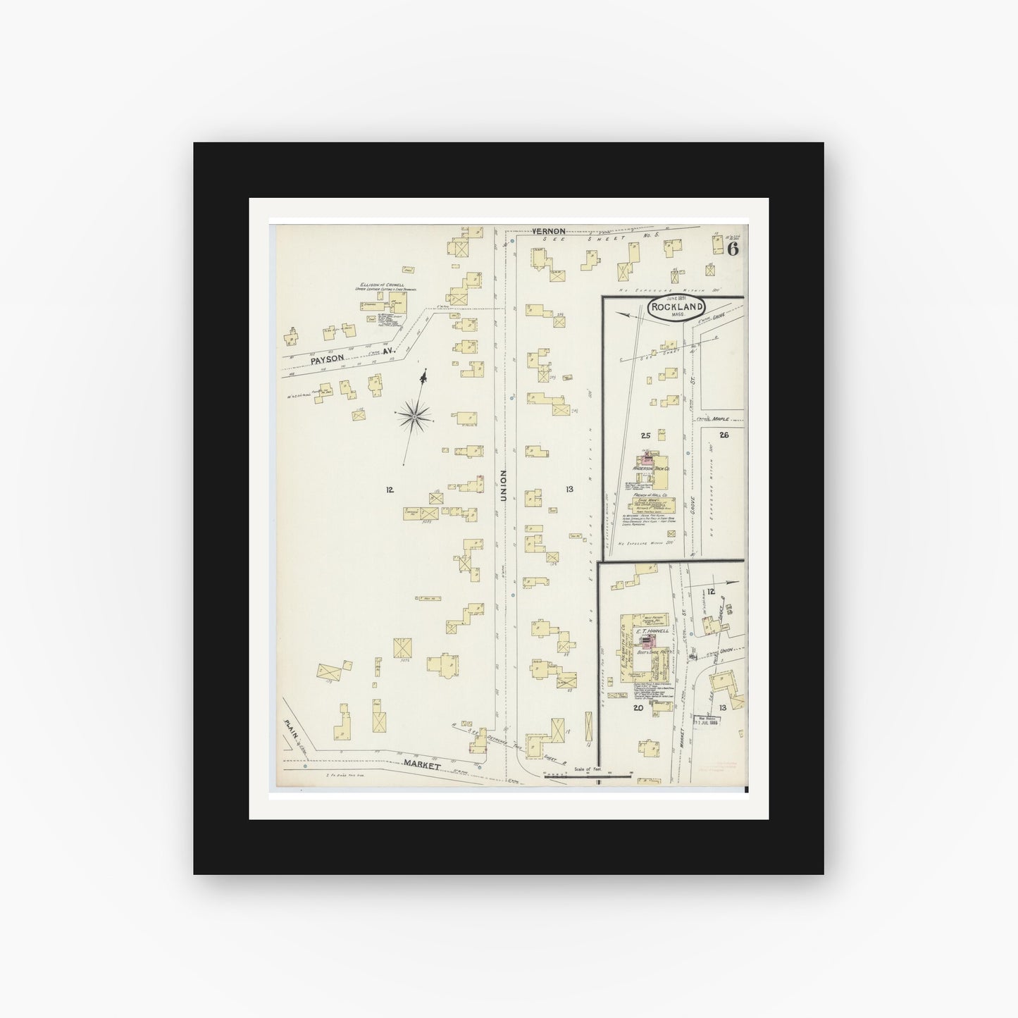 Old map wall art mockup — black gallery frame with white mat — Sanborn Fire Insurance Map from Rockland, Plymouth County, Massachusetts (1891), Sheet #0006